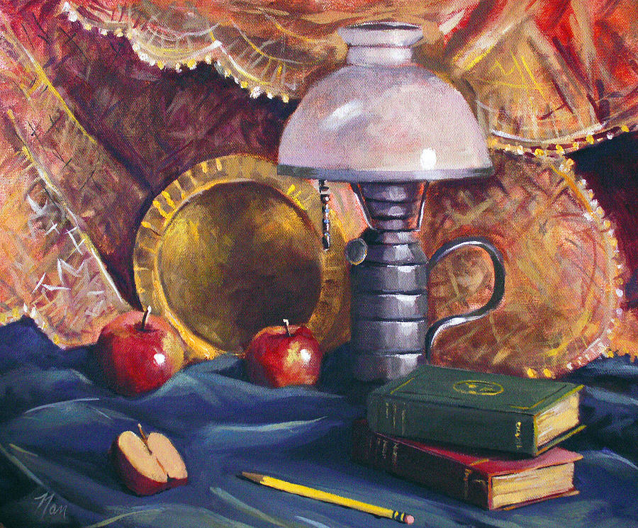 Lamp with Apples Painting by Nancy Griswold