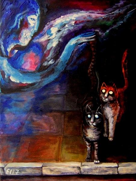 Cat Painting - Landing Lights by Elisheva Nesis