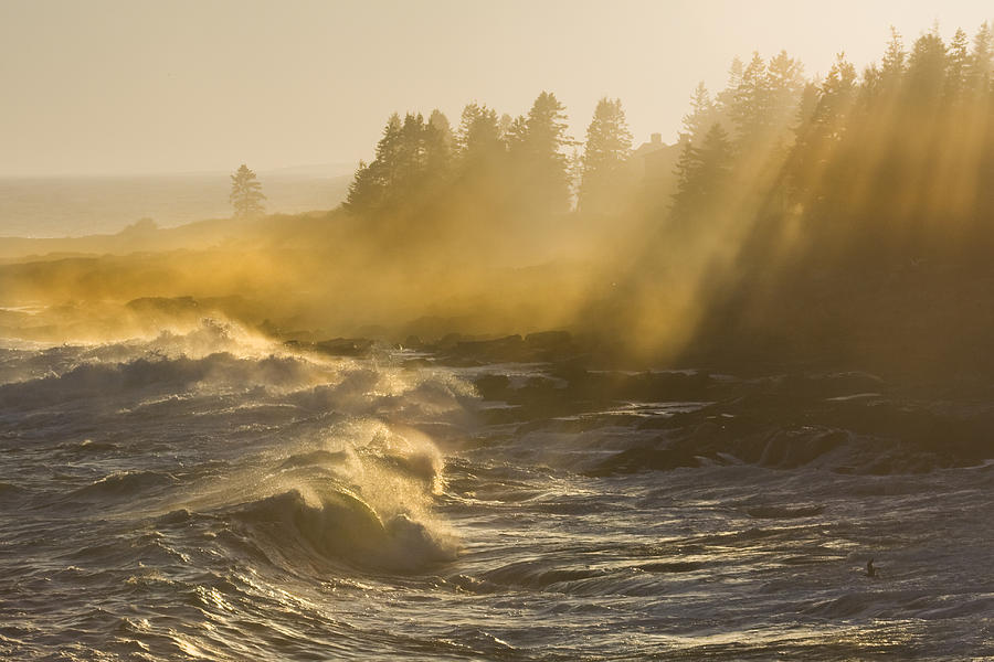 Large Waves Lightbeams Pemaquid Point Maine Photograph by Keith Webber Jr