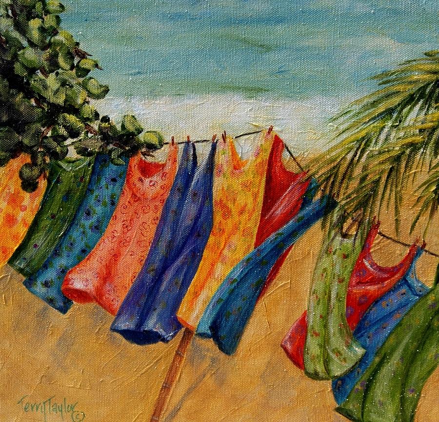 Laundry Day at the Beach Painting by Terry Taylor