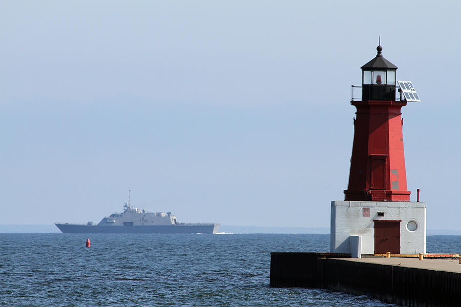 LCS3 USS Fort Worth by the Menominee Lighthouse Photograph by Mark J Seefeldt