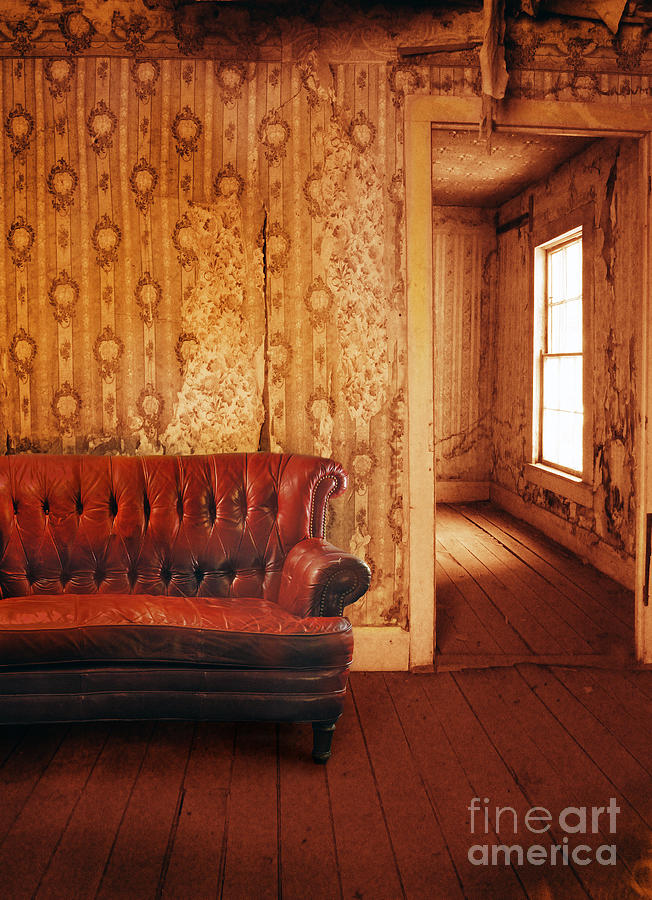 Vintage Photograph - Leather Sofa in Rundown Room by Jill Battaglia