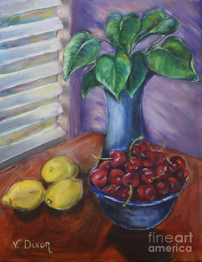 Still Life Painting - Leaves Cherries and Lemons by Ginger Dixon