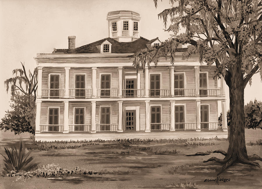 New Orleans Painting - LeBeau Plantation Front View in Sepia by Elaine Hodges