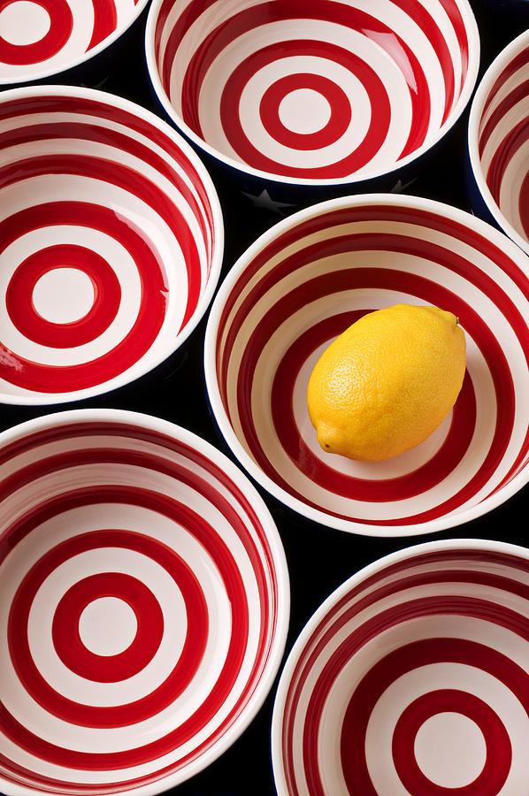 Bowl Photograph - Lemon in red and white bowl  by Garry Gay