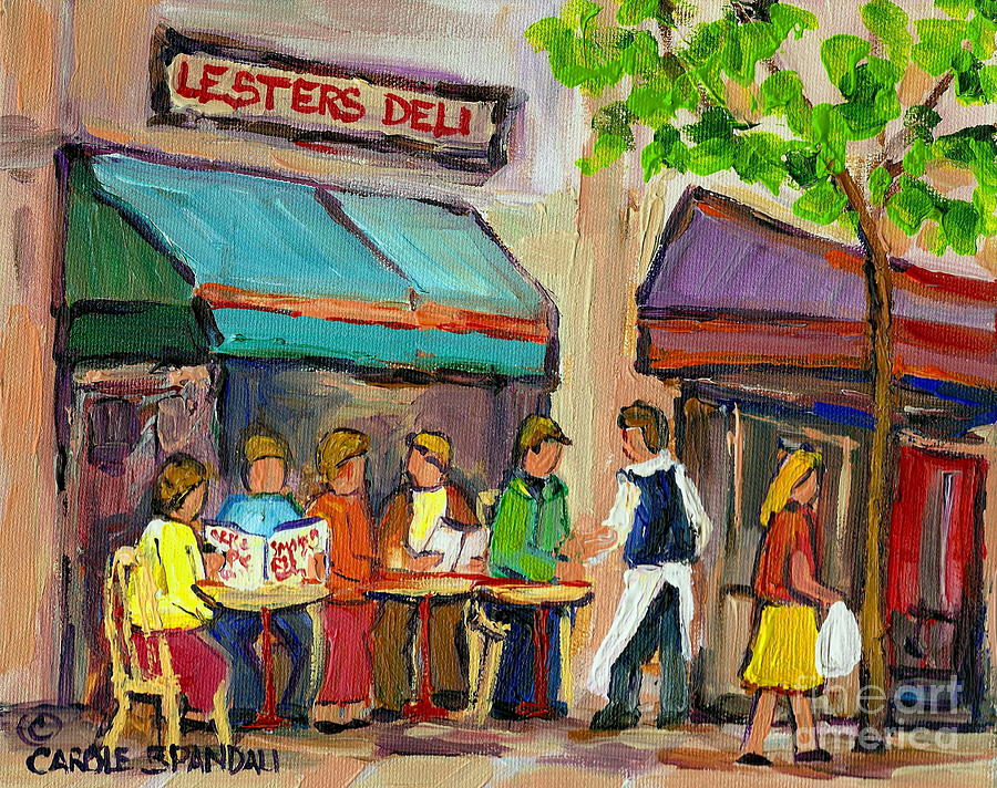 City Painting - Lesters Deli Montreal Cafe Summer Scene by Carole Spandau