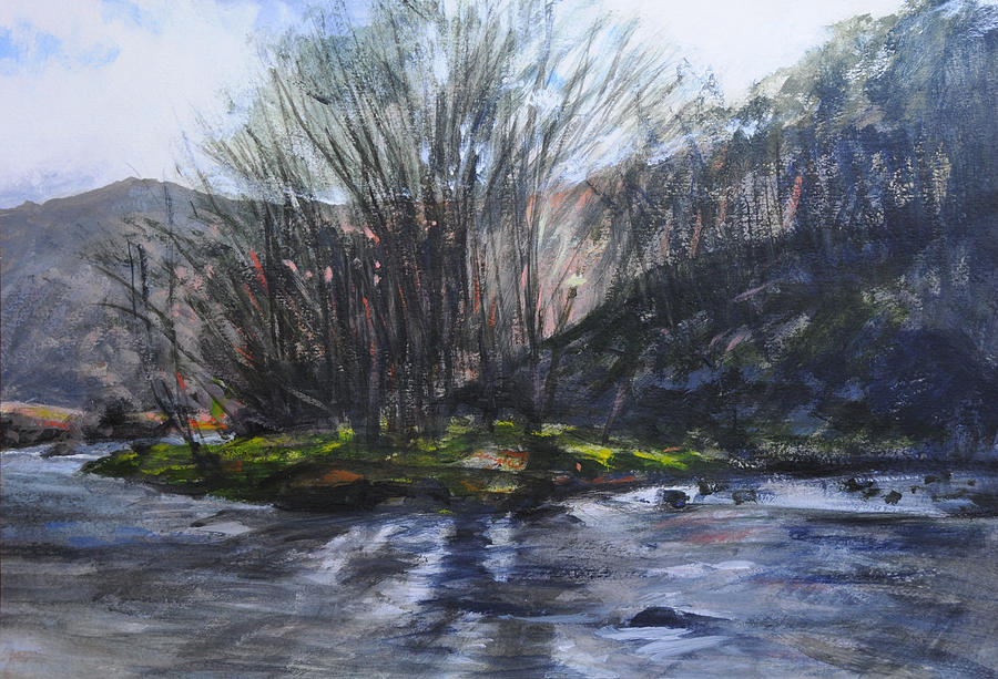 Light through trees at Aberglaslyn. Painting by Harry Robertson