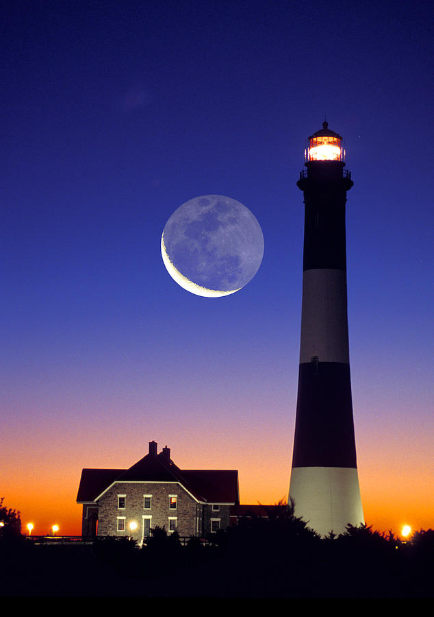Lighthouse Crescent Moon Photograph by Larry Landolfi