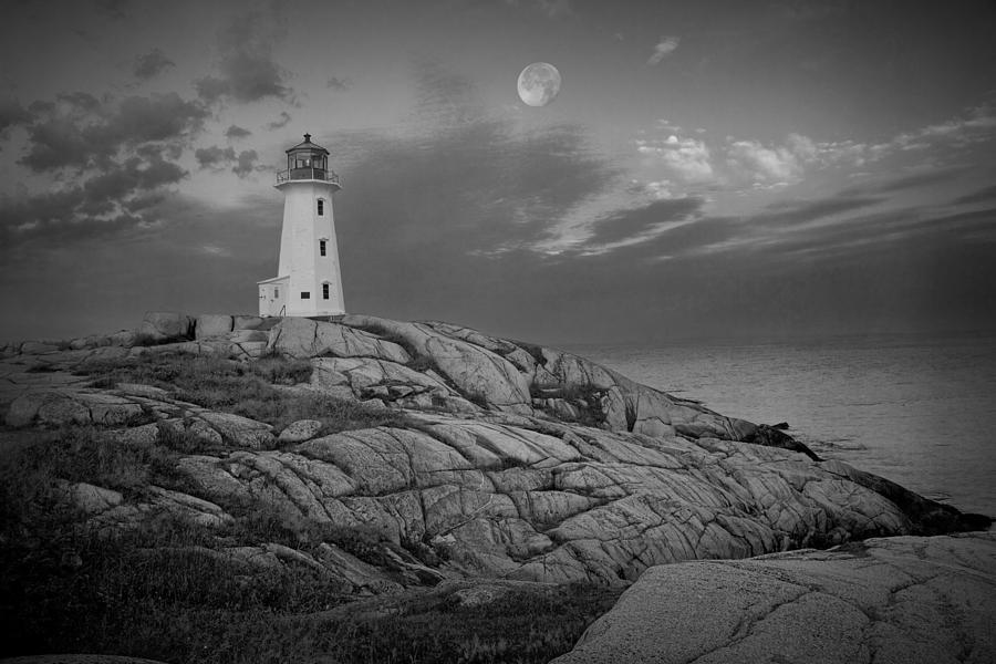 Lighthouse in the Moonlight at Peggys Cove Nova Scotia Canada Photograph by Randall Nyhof
