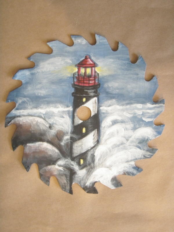 Lighthouse painted on sawblade Mixed Media by Linda Nielsen