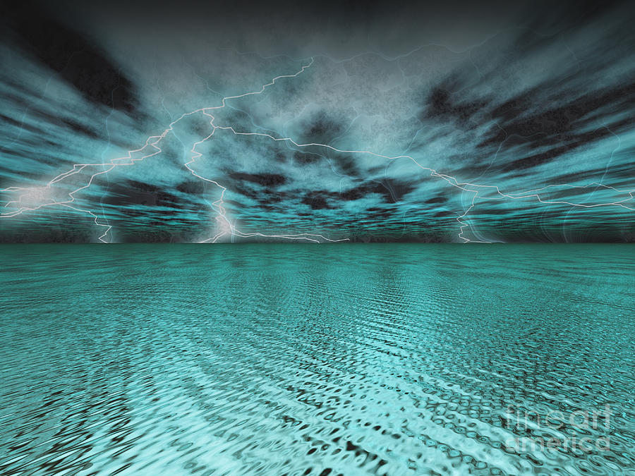 Lightning over the ocean Digital Art by Nicholas Burningham