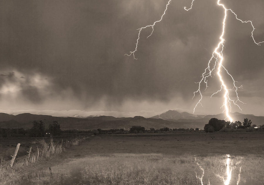 Nature Photograph - Lightning Striking Longs Peak Foothills 5BW Sepia by James BO Insogna