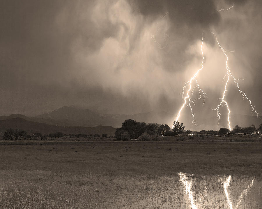 Nature Photograph - Lightning Striking Longs Peak Foothills 8C Sepia by James BO Insogna