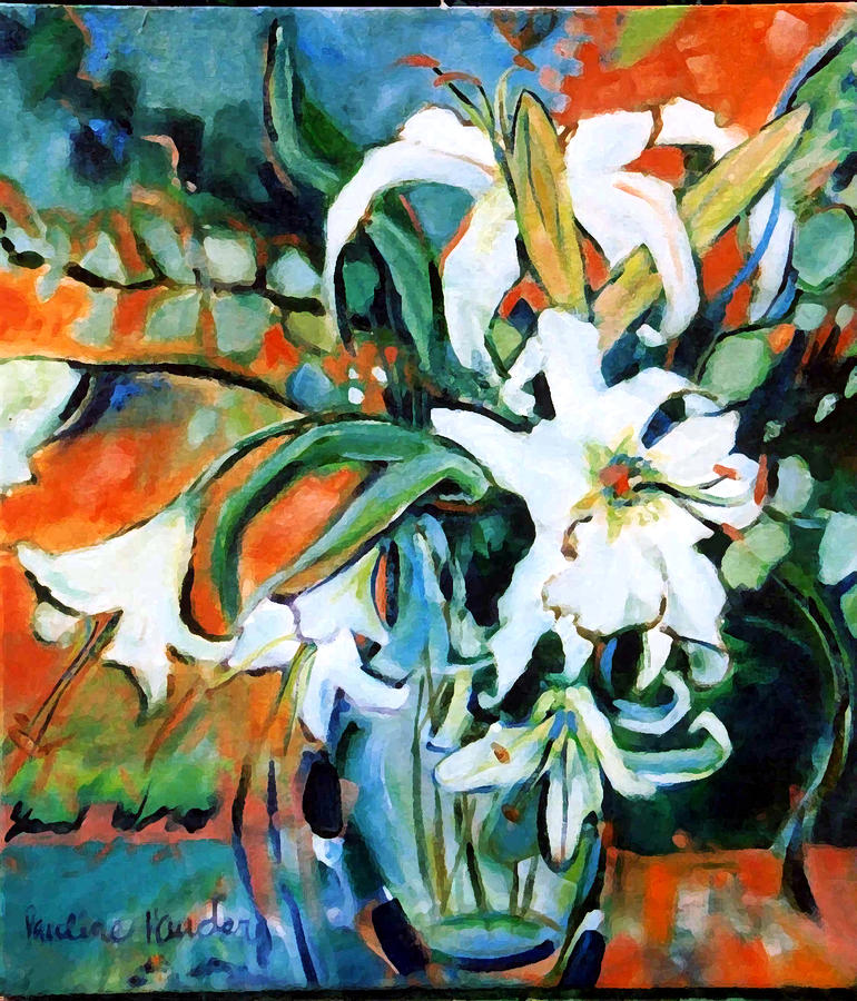 Lily Painting - Lilies and Eucalyptus  by Pauline Hauder