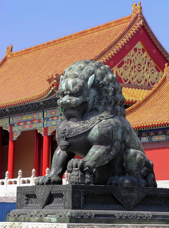 Lion Sculpture by Pagoda Photograph by Sally Weigand