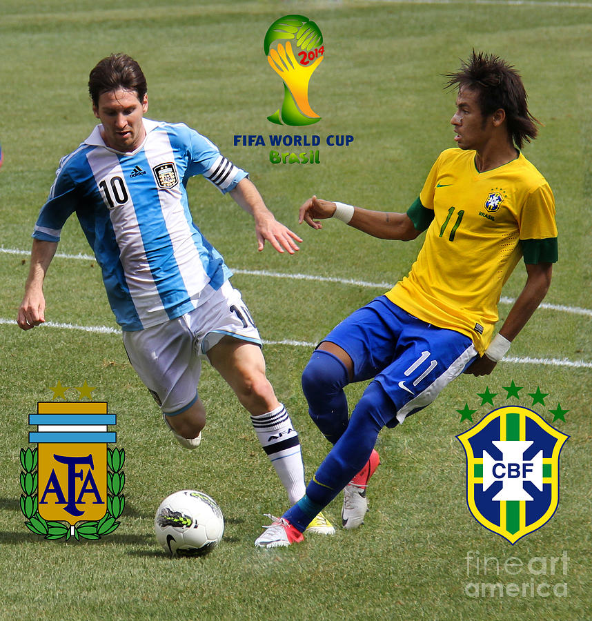 Lionel Messi Photograph - Lionel Messi and Neymar Clash of the Titans Fifa World Cup 2014 and Team Logos by Lee Dos Santos