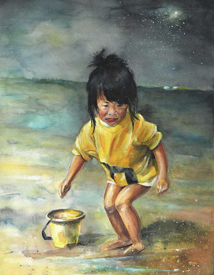 Little Chinese Girl on The Beach Painting by Miki De Goodaboom