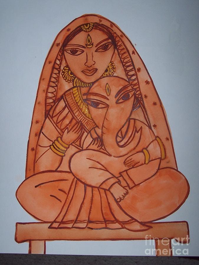 Watercolor Painting - Little Ganesh and Parvati by Anu Darbha