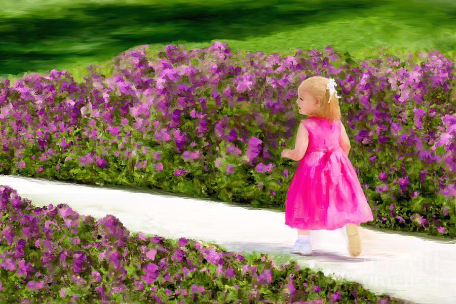 Painting LITTLE GIRL playing on sidewalk between flower borders. Painting by Sherry  Curry