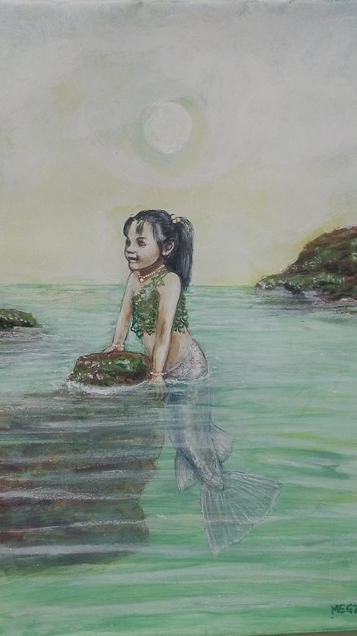 Mermaid Painting - Little mermaid Reyna exploring and playing by Maria Elena Gonzalez