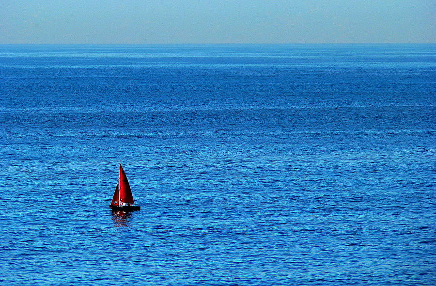 Little Red Sailboat Giant Blue Sea Photograph by Jeff Lowe