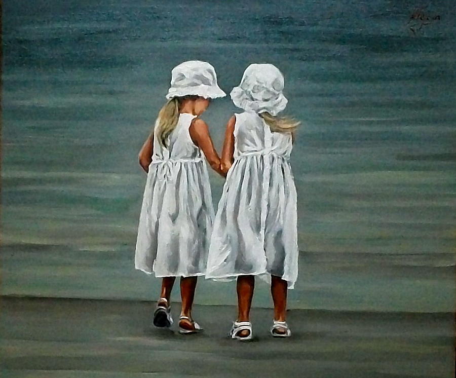 Portrait Painting - Little Sisters By The Shore by Natalia Tejera