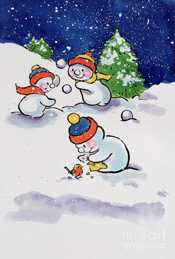 Winter Painting - Little Snowmen Snowballing by Diane Matthes