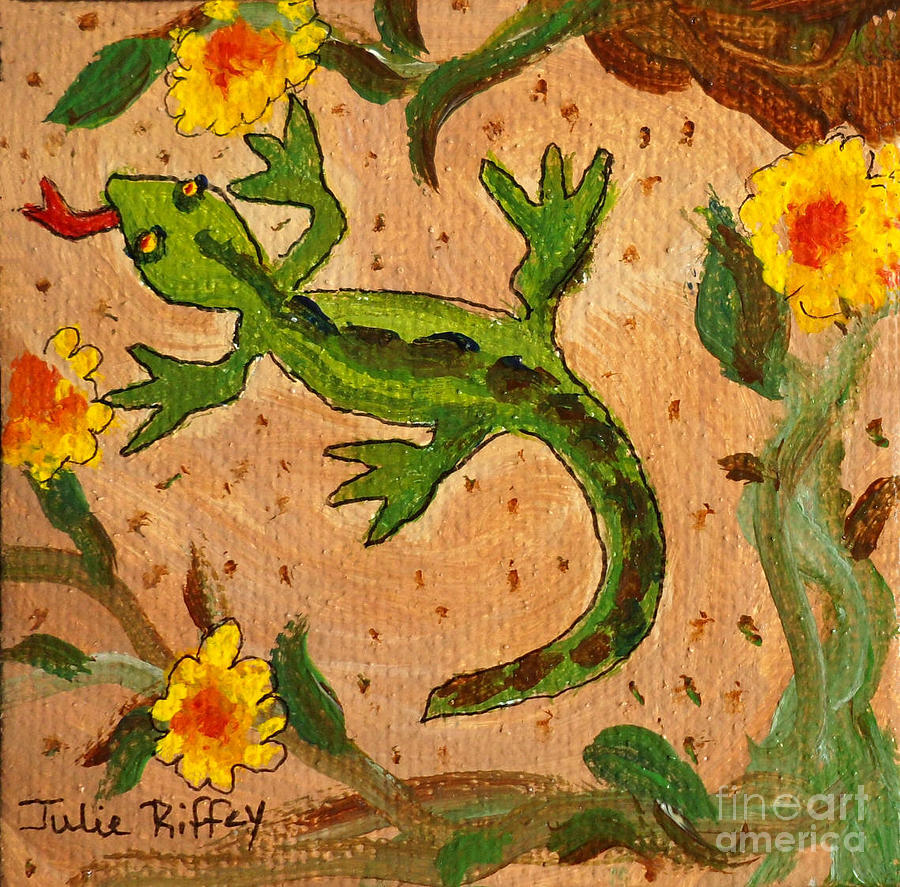 Lizard and the Cactus Flowers Painting by Julie Brugh Riffey