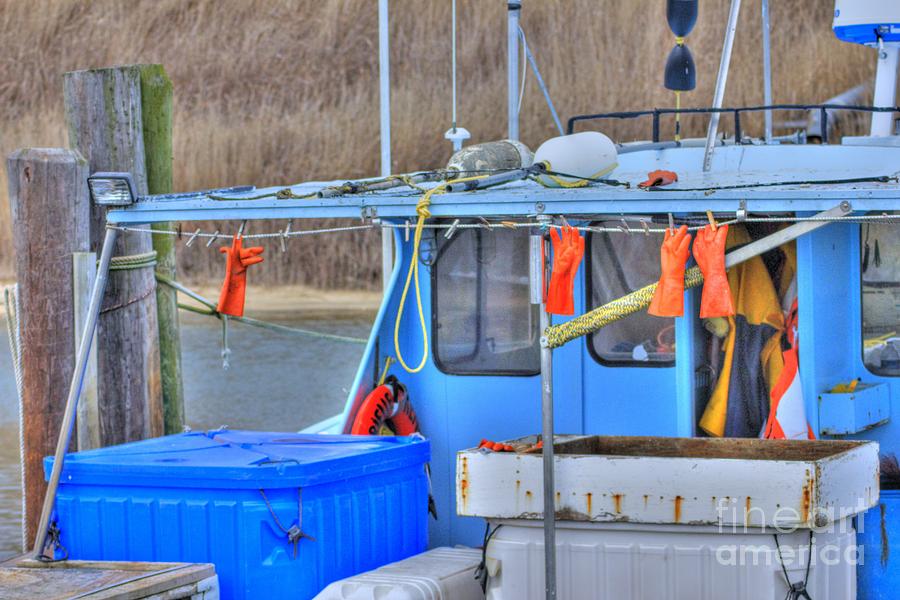 Lobster Boat Gloves Hanging HDR Photos Pictures Photo Picture Boats Ocean Harbor Beach Beach Fishing Photograph by Al Nolan