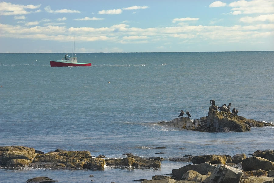 Boat Photograph - Lobster Boat Working off Rocky Seawall Beach Acadi National Park Photo by Keith Webber Jr