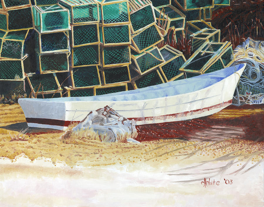 Dory Painting - Lobster Traps And Dory by Dominic White Dory Painting - Lobster Traps And Dory by Dominic White