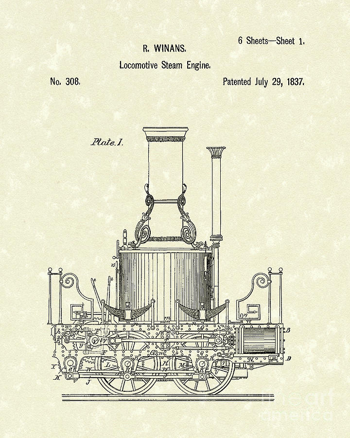 Train Drawing - Locomotive Steam Engine 1837 Patent by Prior Art Design
