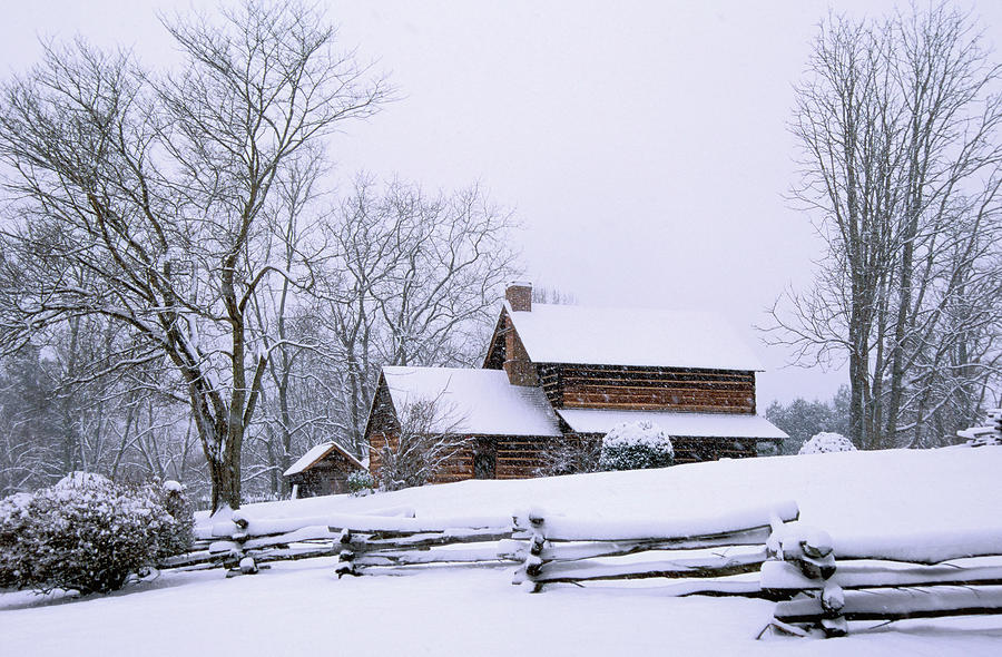 Log Cabin In Snow by Alan Lenk