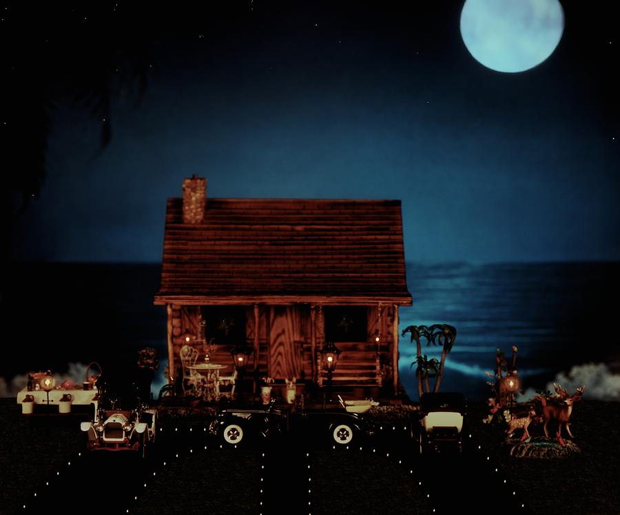 Sunset Photograph - LOG CABIN midnight ocean view with full moon by Leslie Crotty