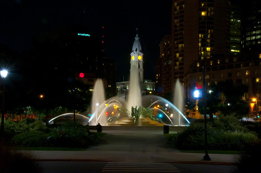 Philadelphia Photograph - Logan Circle Fountain with City Hall at Night by Bill Cannon