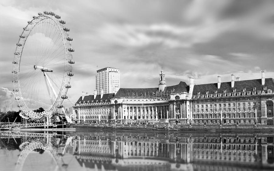 London Digital Art - London Eye in Black and White by Julie L Hoddinott