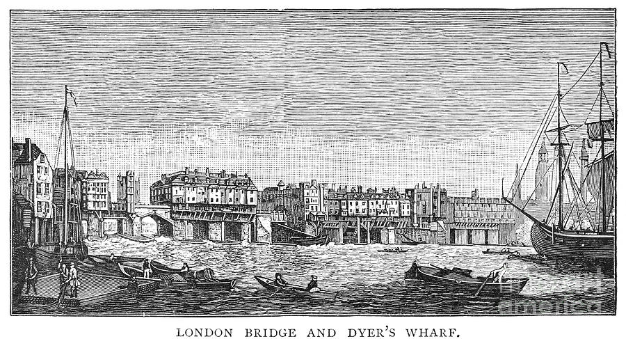 LONDON: WATERFRONT, 1750. /nLondon Bridge and Dyers Wharf. Wood engraving after a painting by S. Scott, c1750 Photograph by Granger
