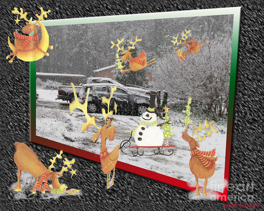Look What I Found In My Backyard, Six Reindeer And A Snowman  Photograph by Donna Brown