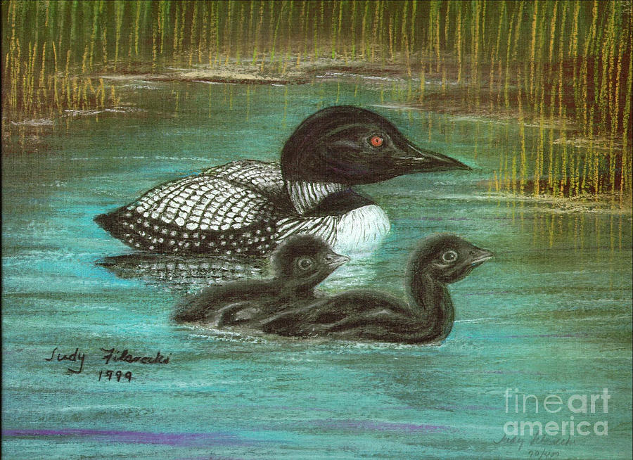 Loon Painting - Loon Babies with Mother Judy Filarecki Pastel Painting by Judy Filarecki