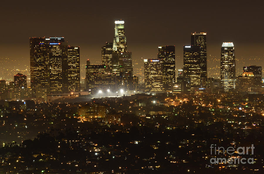 Los Angeles Photograph - Los Angeles Skyline At Night by Bob Christopher