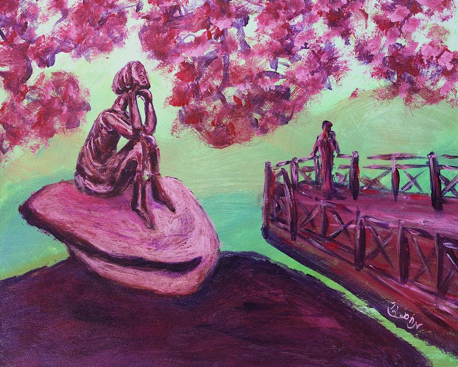 Lost in Thought Green Pink Magenta Purple with cherry blossom tree bridge Mountain Rock after Hiking Painting by MendyZ M Zimmerman