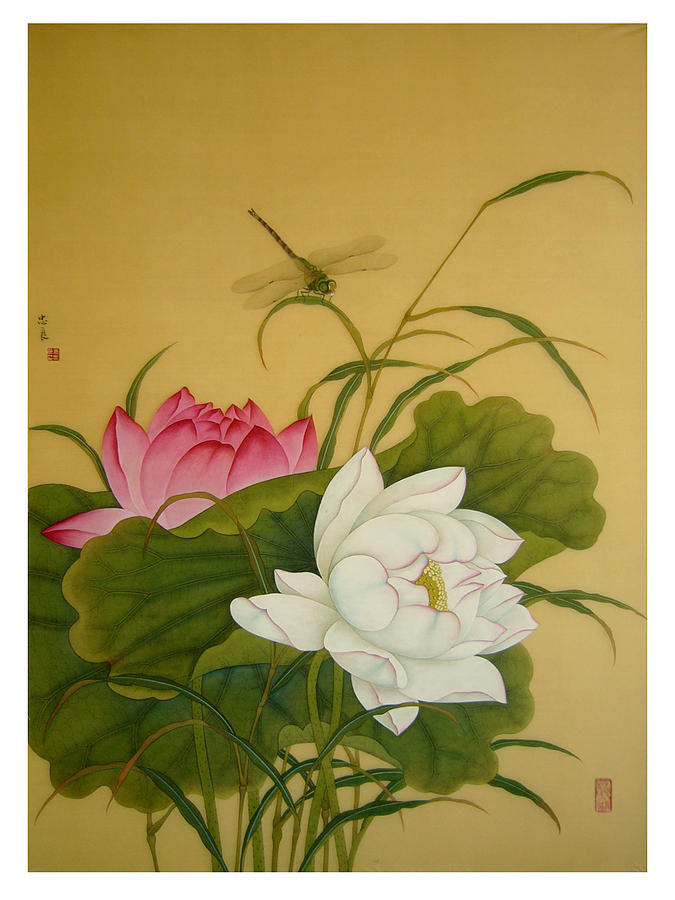 Lotus dragonfly Painting by Zhongliang Jiang
