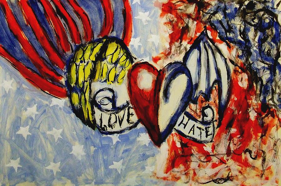 Love and Hate Angel and Devil American Hearts and Flags with Wings and Stars Painting by MendyZ M Zimmerman