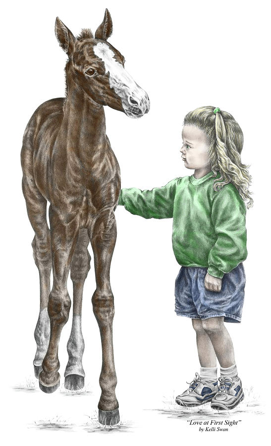 Love at First Sight - Girl and Horse Print color tinted Drawing by Kelli Swan