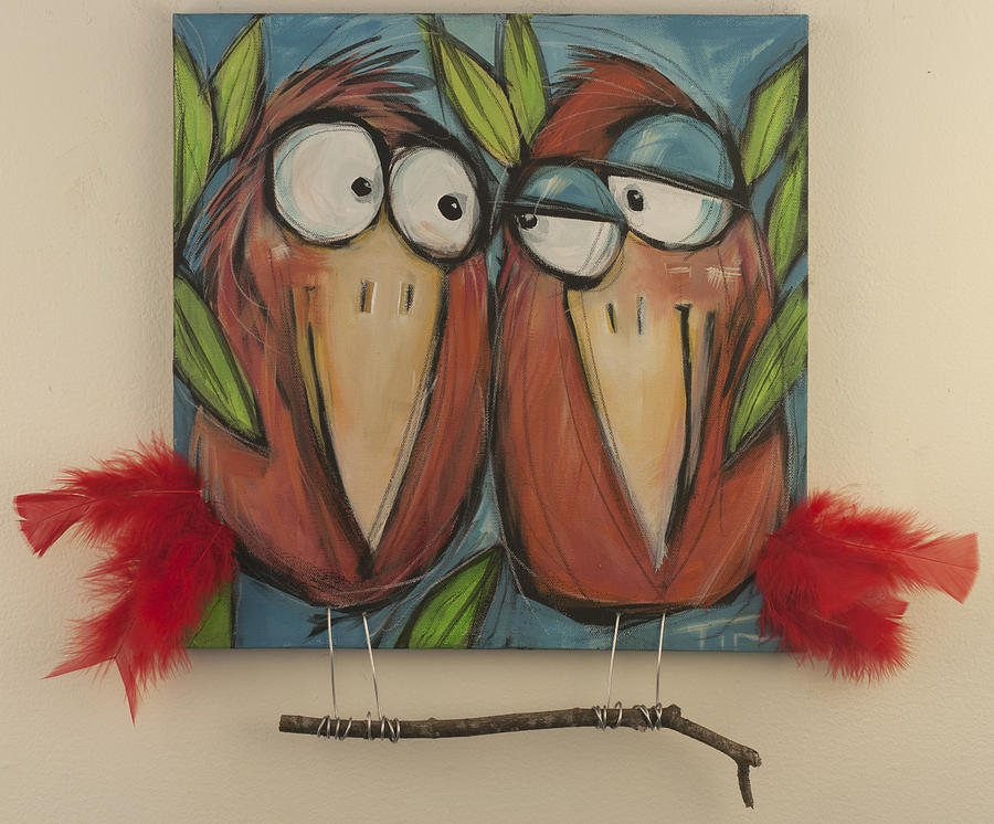 Love Birds With Feathers And Branch Painting by Tim Nyberg