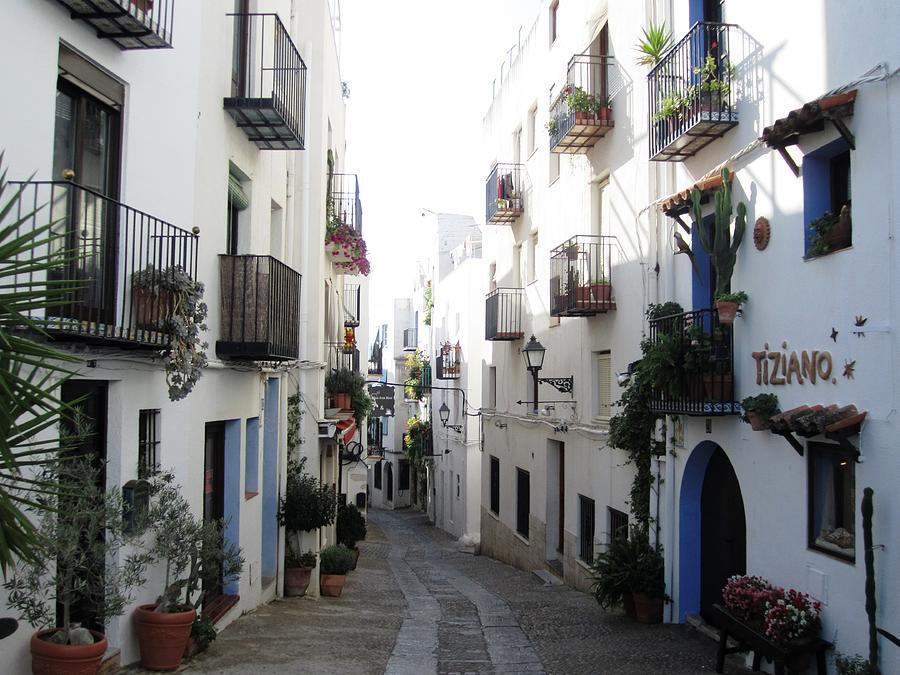 Lovely Narrow Street and Balconies decorated with Plants in Peniscola Spain Photograph by John Shiron