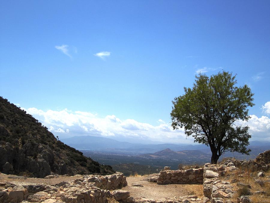 Lovely Tree and Mountain Range Valley View from the Ancient Hilltop in Mycenae Greece Photograph by John Shiron