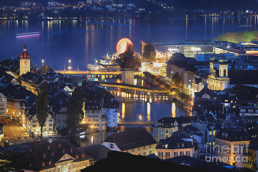 Architecture Photograph - Lucerne at Night from Above by George Oze