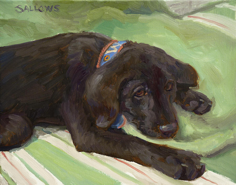 Lucy a Black Lab Puppy Painting by Nora Sallows