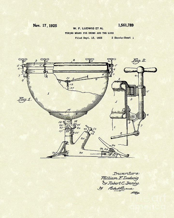 Ludwig Drums 1925 Patent Art Drawing by Prior Art Design